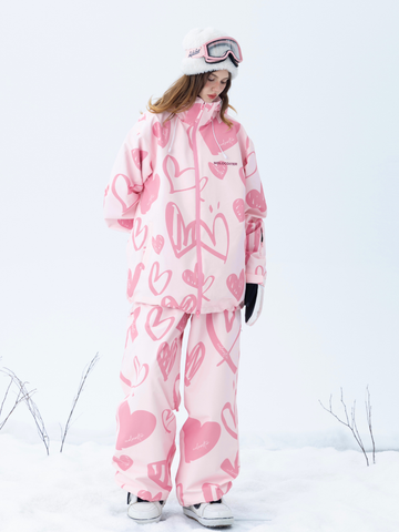 Molocoster Pink Hearts 3L Baggy Ski Suit – Women’s